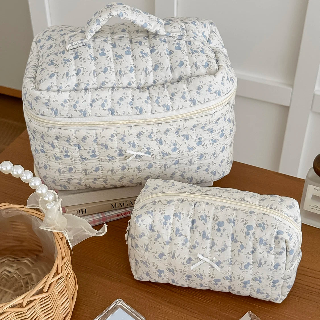 Trousse de Toilette Femme – Grande Capacité – Fleurs Bleues