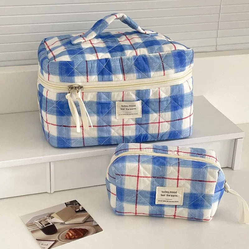 Trousse de Toilette Vintage Plaid - Maquillage Voyage en Coton Matelassé