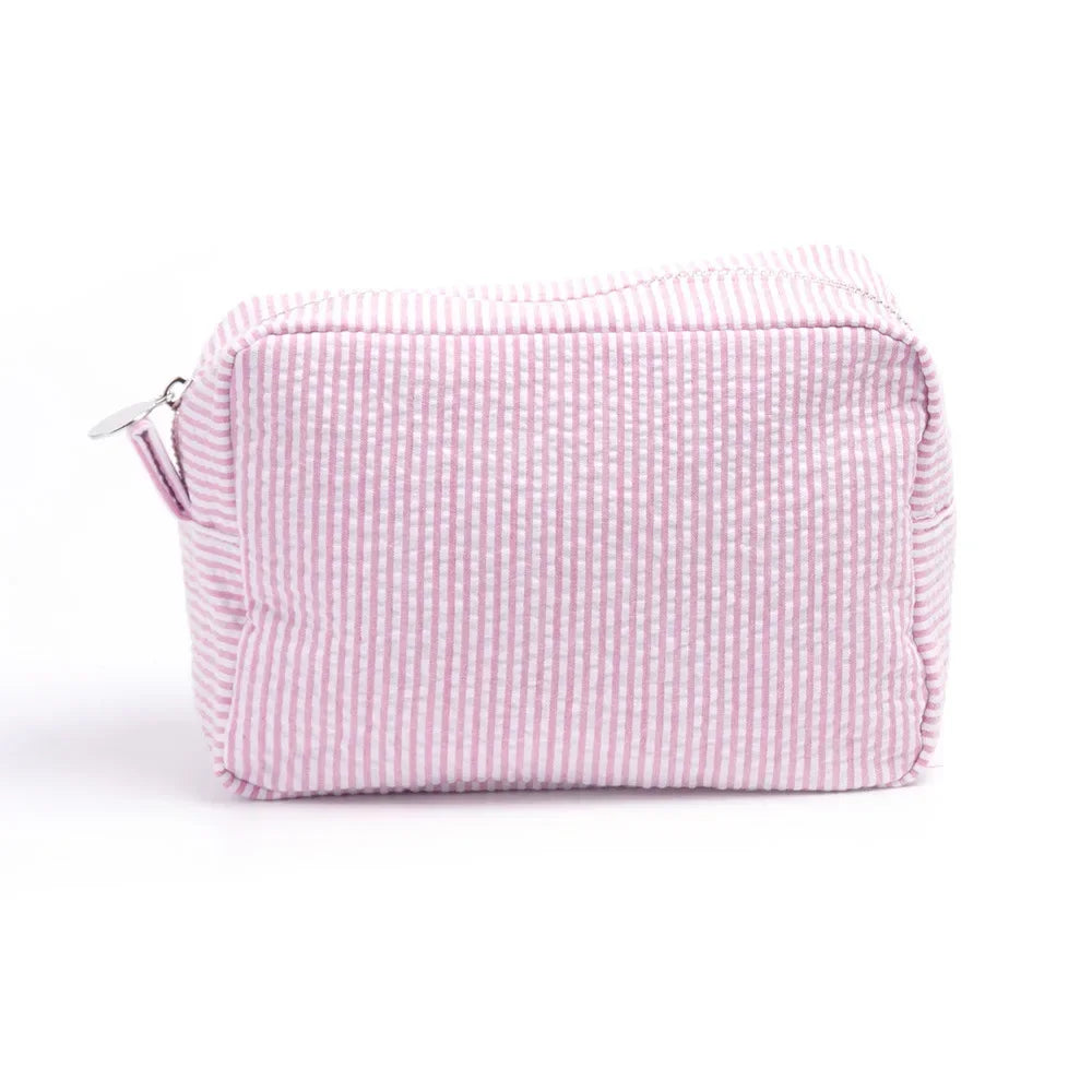 Trousse de Toilette Seersucker à Volants – Maquillage Rayé, Fermeture Éclair