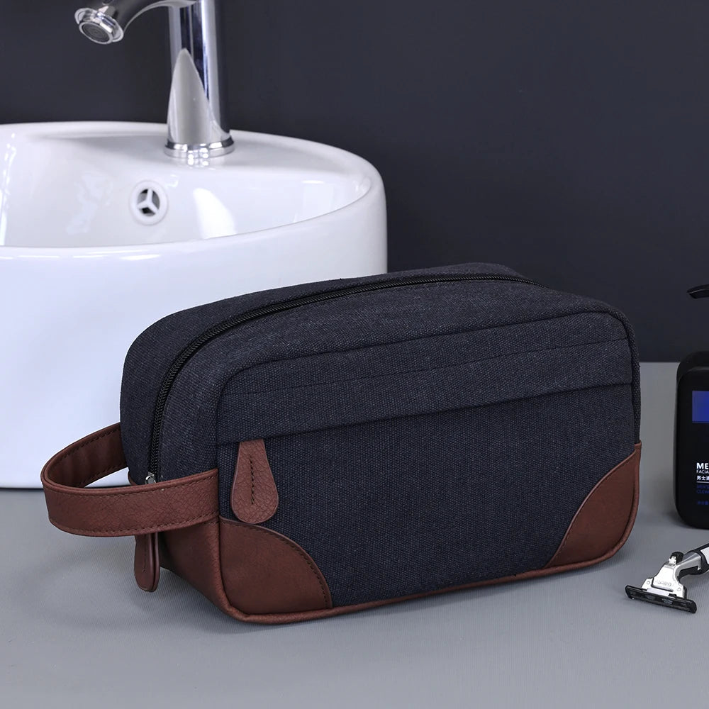 Trousse de toilette en cuir et toile – grande capacité, étanche