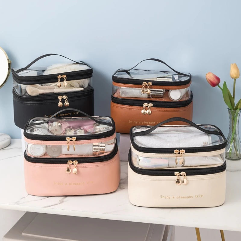 Trousse de Toilette Double PU Transparent – Étanche, Portable, Grande Capacité