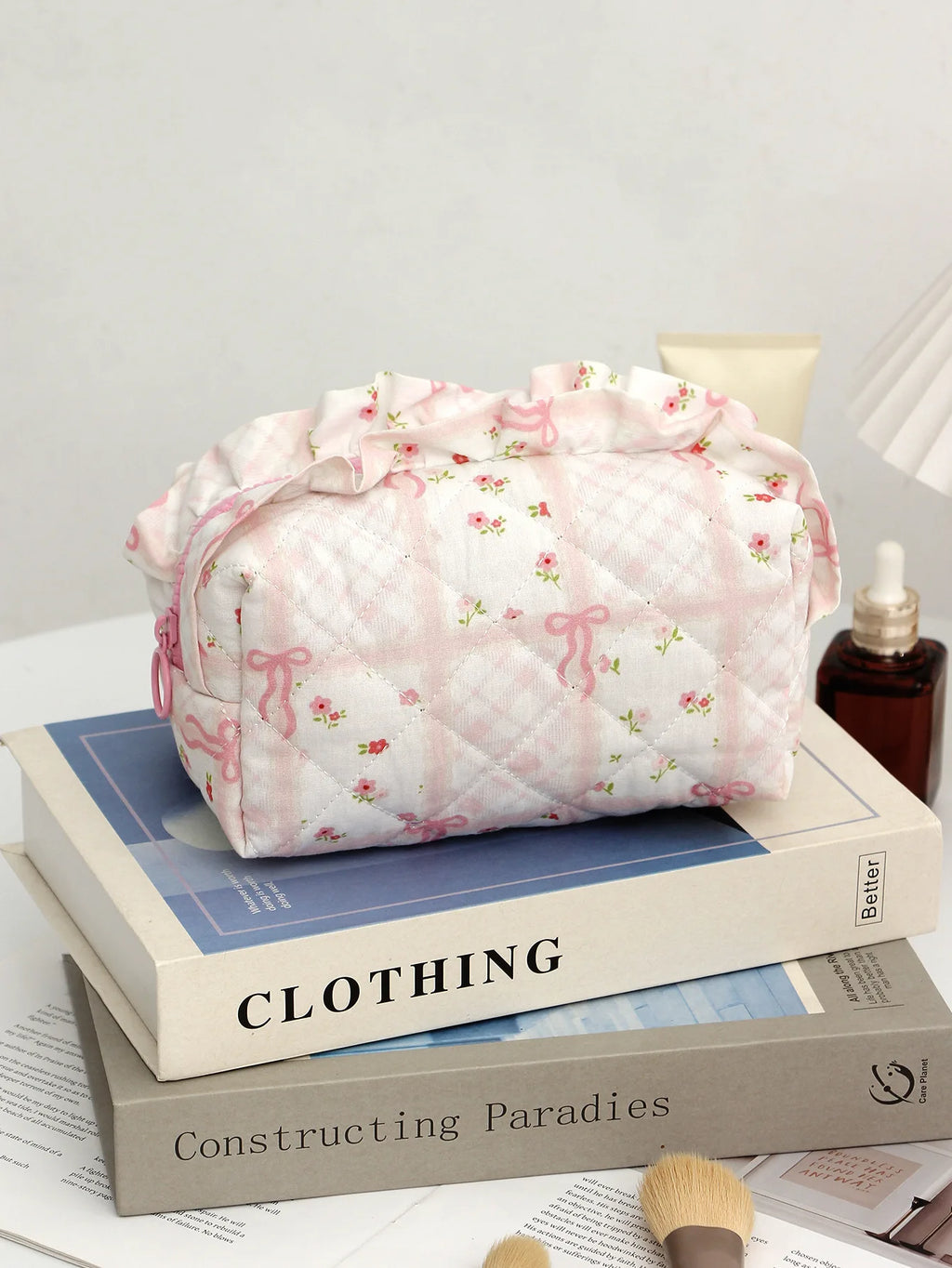 Trousse de Toilette Rose Motif Cerise – Grande Capacité, Organisateur de Maquillage, Voyage