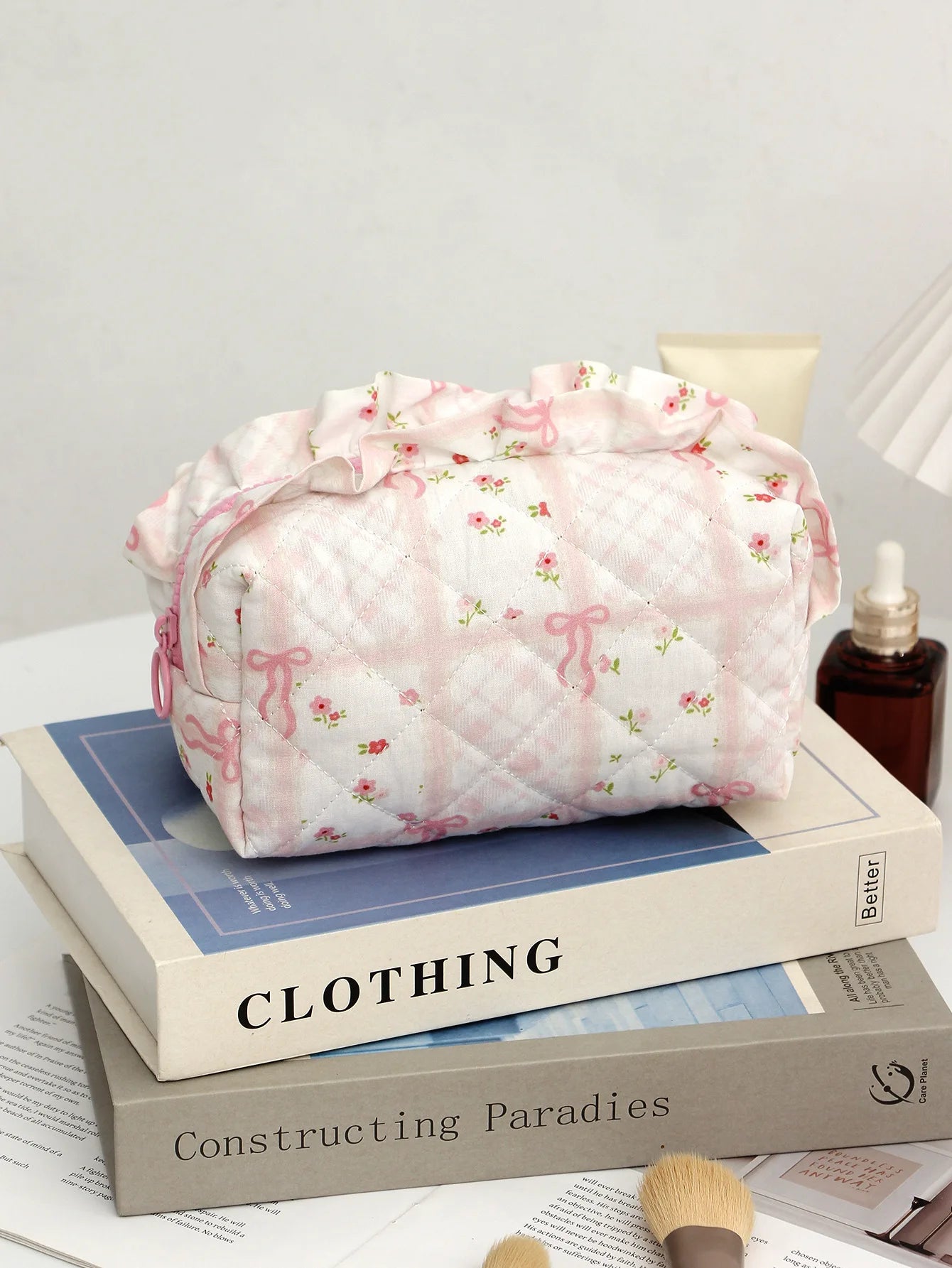 Trousse de Toilette Rose Motif Cerise – Grande Capacité, Organisateur de Maquillage, Voyage