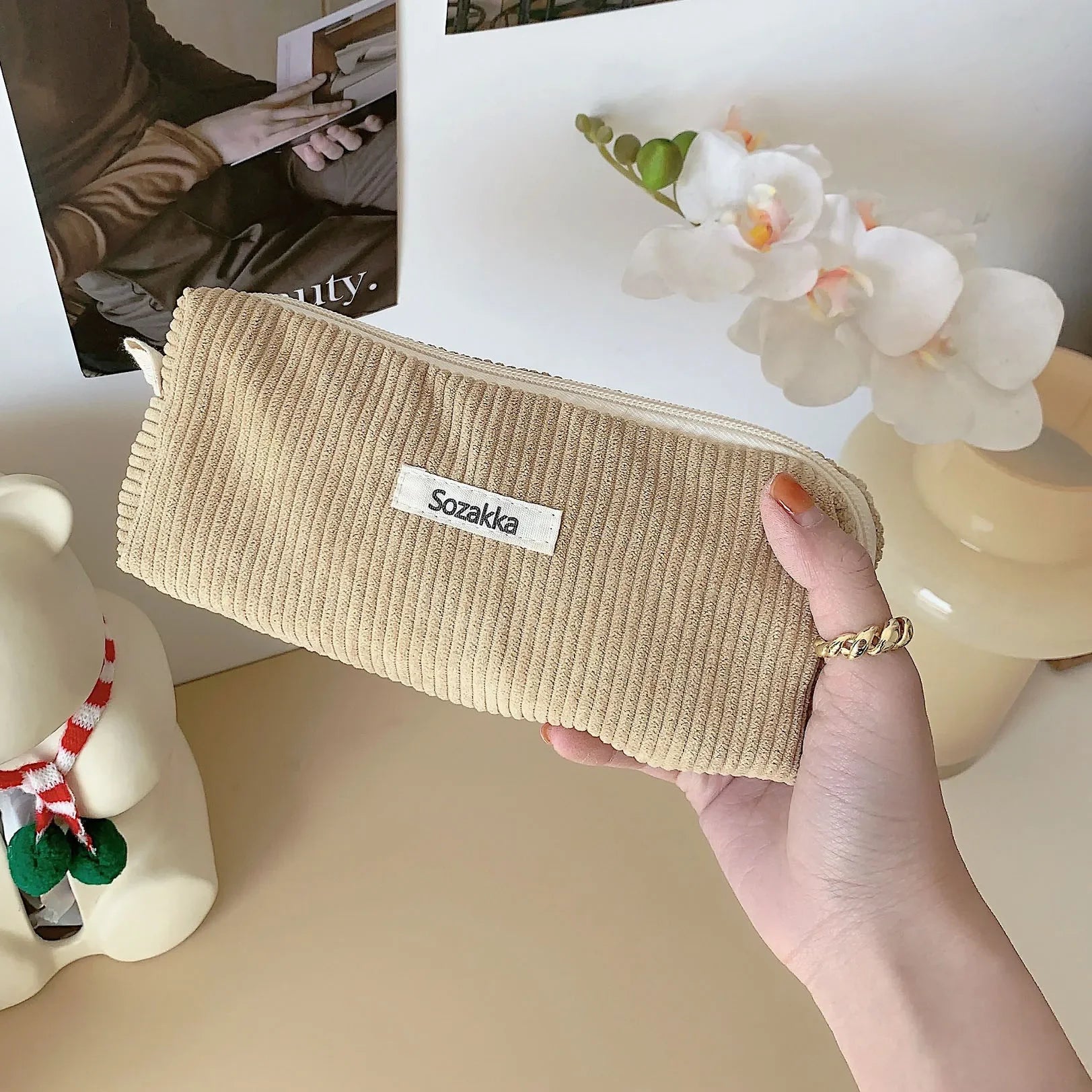 Trousse de Toilette Velours Côtelé – Grand Sac Cosmétique Voyage
