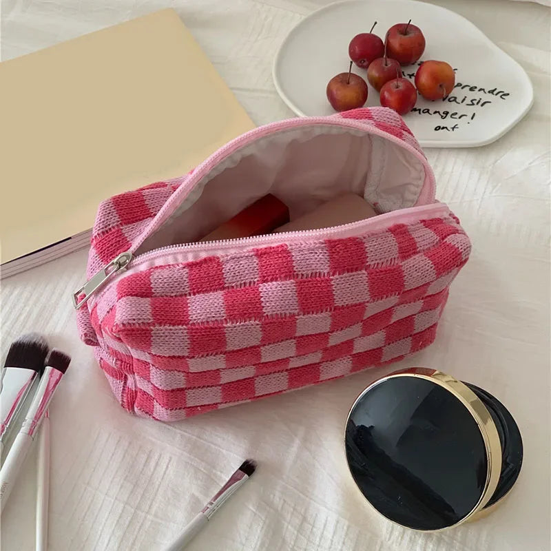 Trousse de toilette femme tricot damier - grande capacité, rangement maquillage