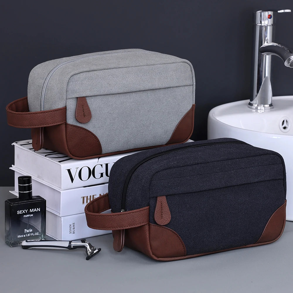 Trousse de toilette en cuir et toile – grande capacité, étanche, voyage