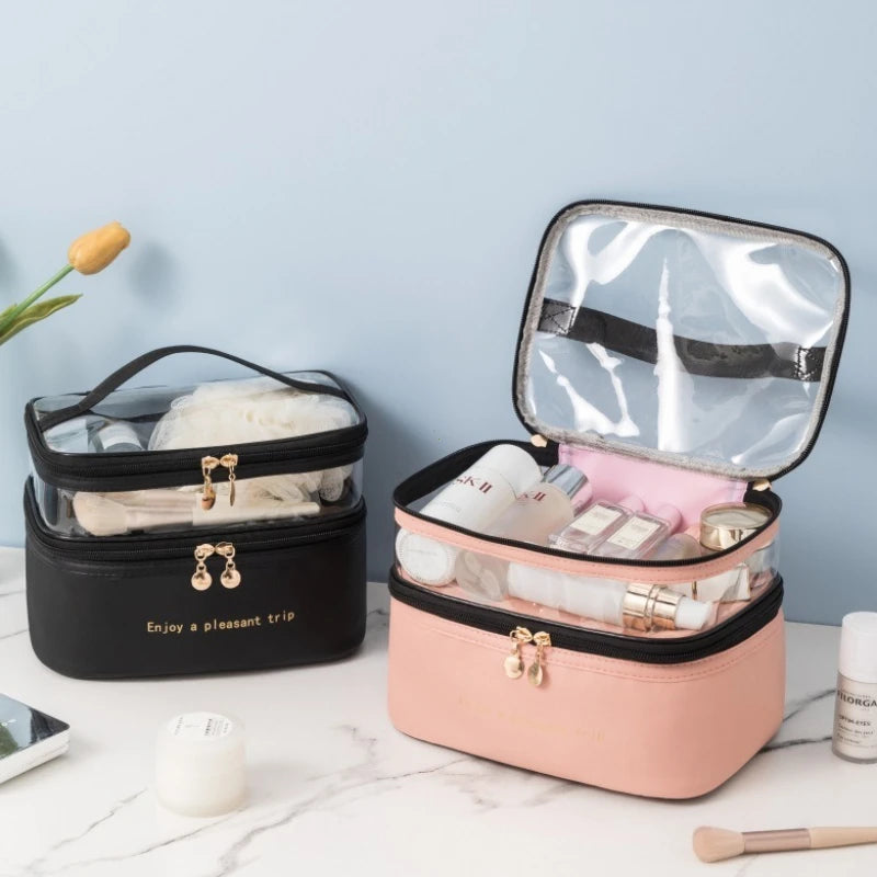 Trousse de Toilette Double PU Transparent – Étanche, Portable, Grande Capacité