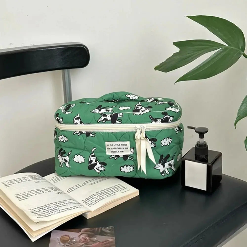 Trousse de toilette verte en coton – Style coréen, chien cartoon, grande capacité