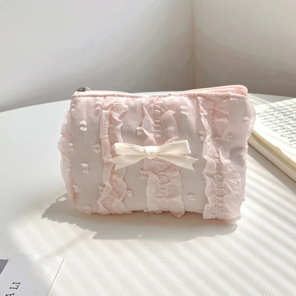 Trousse de Toilette Femme – Mini Maquillage, Dentelle et Nœud, Compacte et Zippée
