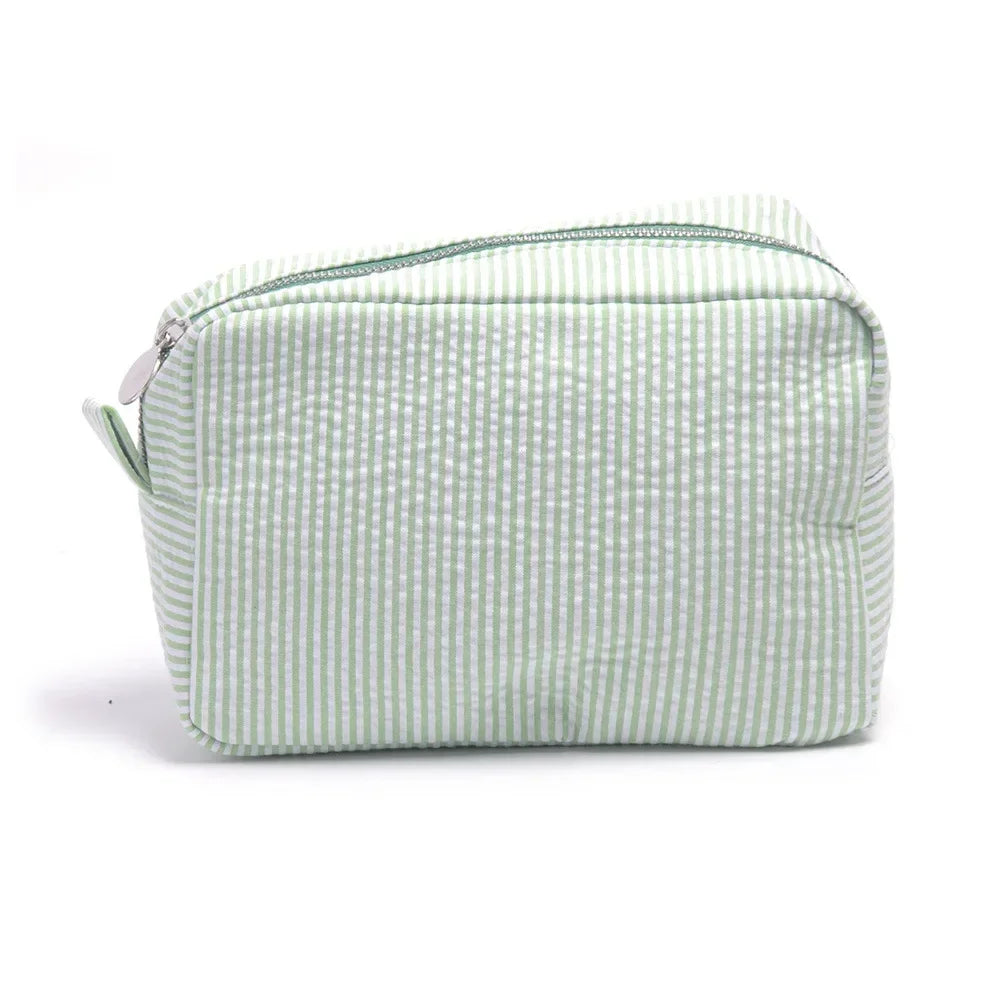 Trousse de Toilette Seersucker à Volants – Maquillage Rayé, Fermeture Éclair