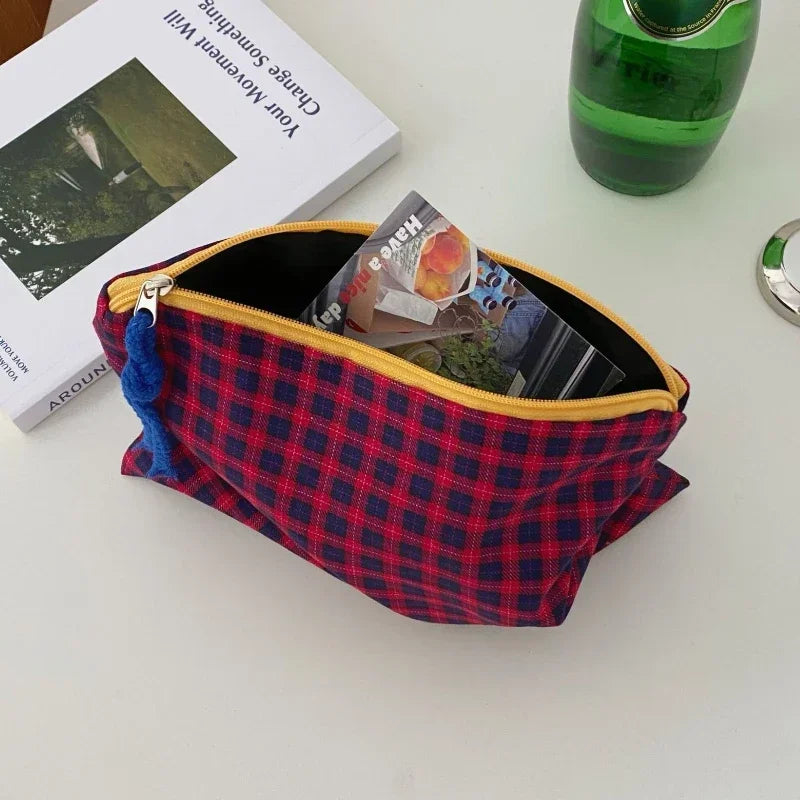 Trousse de Toilette Carreaux Coton-Lin – Zippée, Portable, Grande Capacité