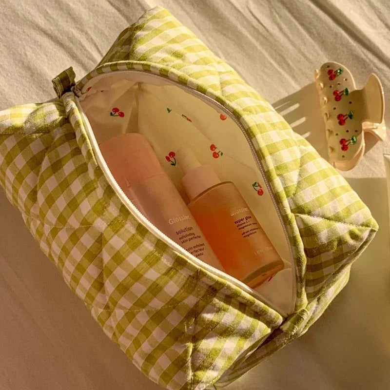 Trousse de Toilette Floral à Carreaux – Grande Capacité, Matelassée