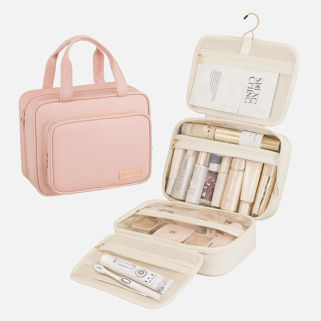 Trousse de toilette PU cuir - Grande capacité, Organisateur cosmétique de voyage